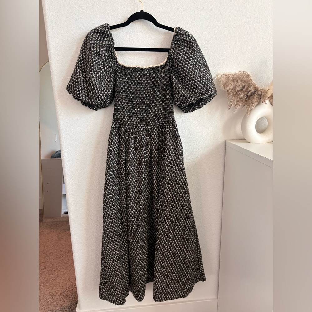 Black floral maxi dress with puff sleeves